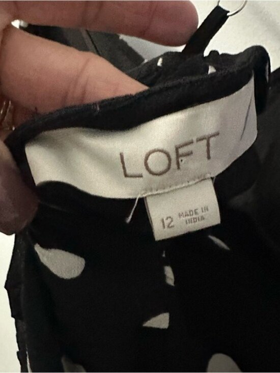 LOFT Polka Dot Midi Dress Black White Ruched Tiered Size 12 Coquette - Picture 7 of 12